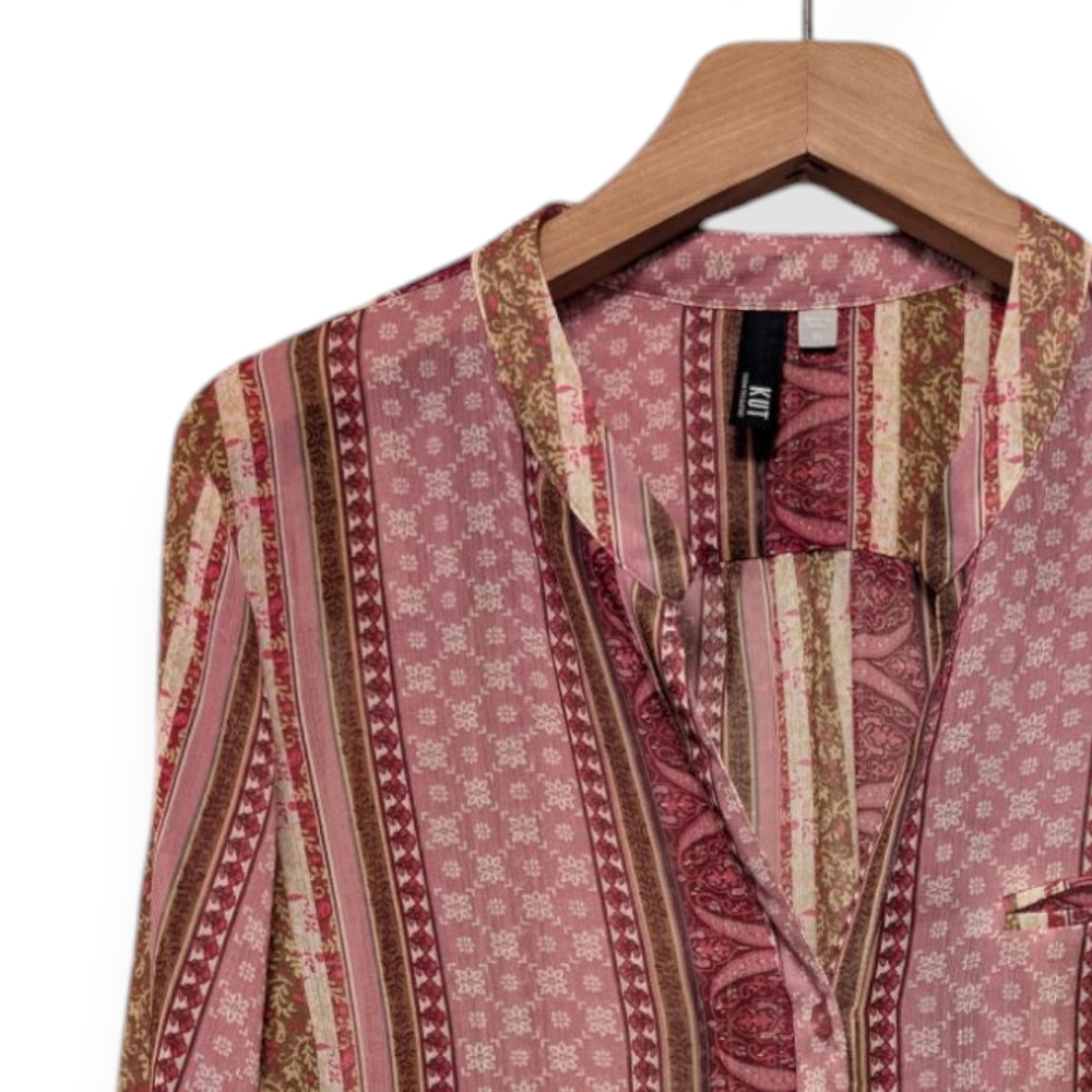 KUT from The Kloth Pink Abstract Women's Blouse Size XL with Roll-tab Sleeves